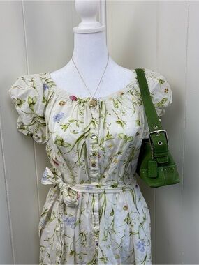 H&M White Midi Dress with Green Botanical Print